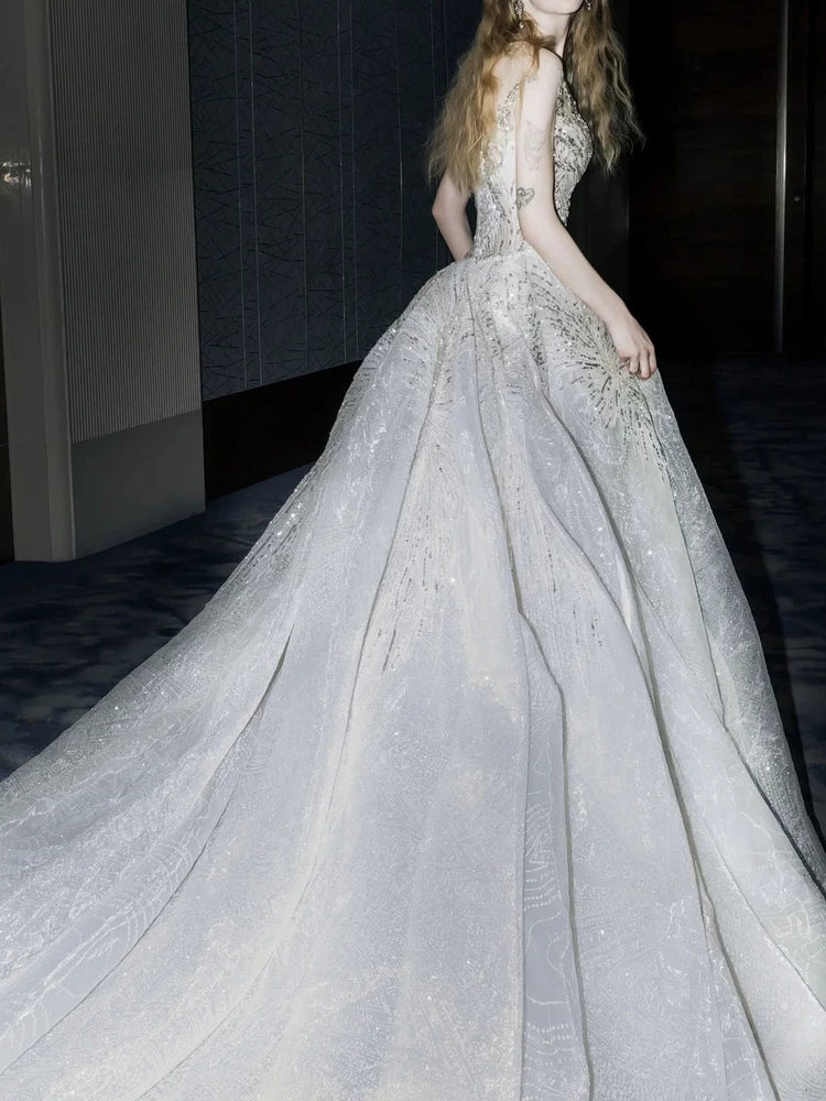 Luxurious Wedding Dresses Mermaid Scoop Neck With Cape Silver Gray Sequins Brides Dress For Brides Fitted Bridal Gowns AB2327