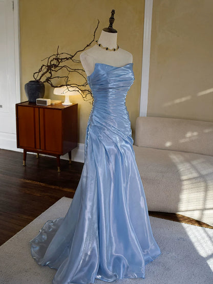 Vintage Mermaid Strapless Blue Long Prom Dresses With Pleated Inspiration Party Night Evening Dress 18th Birthday Outfits AB2369