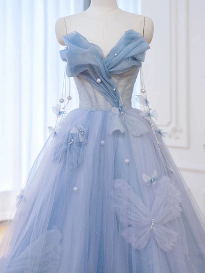 Elegant Ball Gown Sweetheart Blue Tulle Long Prom Dresses Formal Party Dress Prom Gown AB2318
