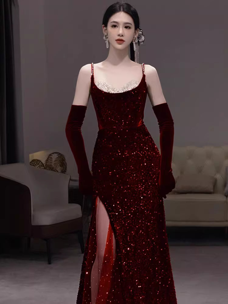 Glamour Mermaid Spaghetti Straps Burgundy Sequin Long Prom Dresses Party Dress 20th Birthday Outfits Prom Gowns AB2245