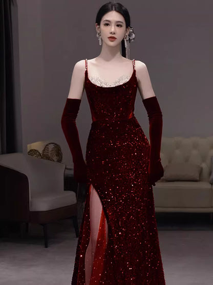 Glamour Mermaid Spaghetti Straps Burgundy Sequin Long Prom Dresses Party Dress 20th Birthday Outfits Prom Gowns AB2245