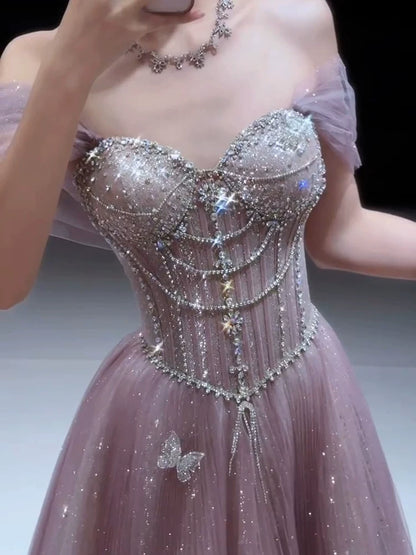 Sparkly A line Strapless Pink Sequins Prom Dresses Inspiration Long Party Night Gowns 20th Birthday Outfits AB2253