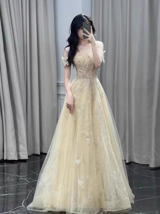 Unique A line Off The Shoulder Gold With Short Sleeves Prom Dresses Inspiration Party Night Gowns 20th Birthday Outfits AB2255