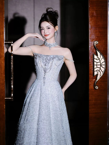 Princess A line Strapless Blue Sequins Prom Dresses Inspiration Long Party Night Gowns 20th Birthday Outfits AB2251