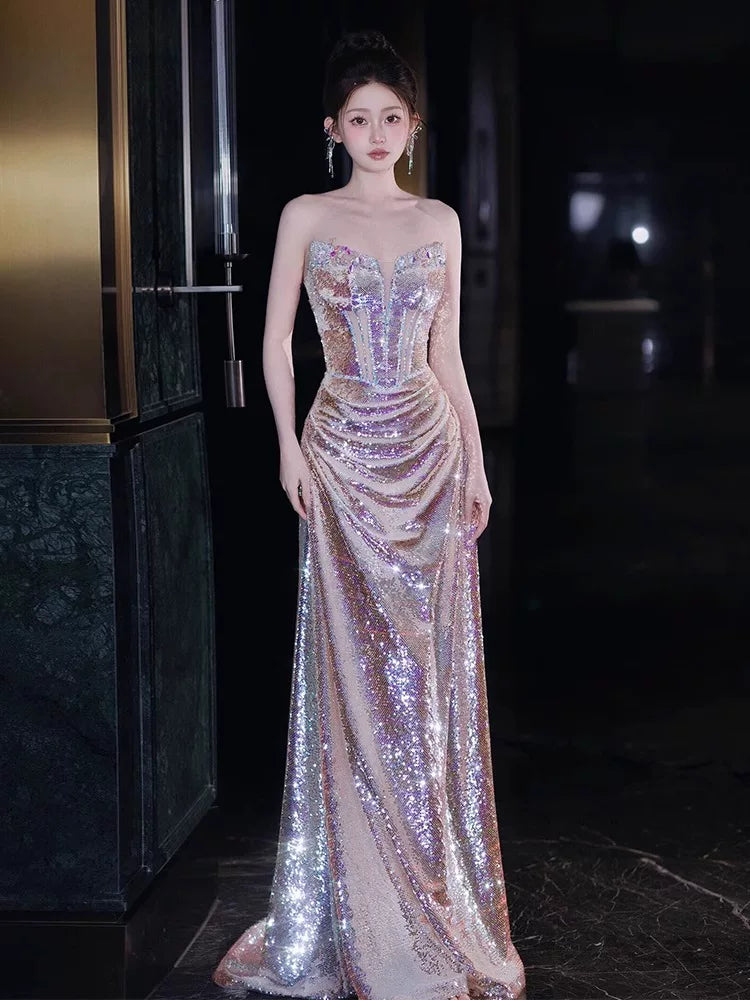 Sparkly Mermaid Strapless Sequins With Beaded Bodice Prom Dresses Inspiration Long Party Night Gowns 20th Birthday Outfits AB2249