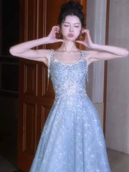 Beautiful Ball Gown Square Neck Blue Long Sequin Prom Dresses Party Dress 16th Birthday Outfits Graduation Dress AB2242