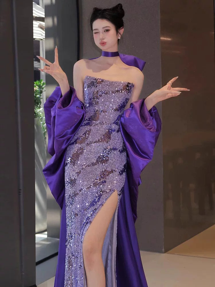 Sparkly Mermaid Strapless Purple Sequins Prom Dresses Inspiration Long Party Night Gowns 20th Birthday Outfits AB2258