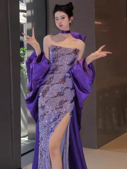 Sparkly Mermaid Strapless Purple Sequins Prom Dresses Inspiration Long Party Night Gowns 20th Birthday Outfits AB2258