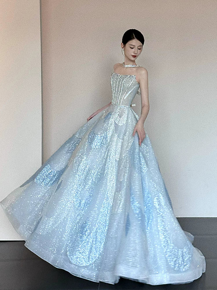 Unique Ball Gown Strapless Blue Prom Dresses Inspiration Long Party Night Gowns 20th Birthday Outfits AB2241