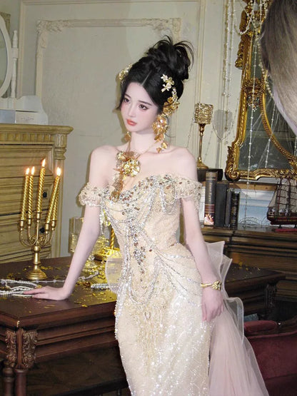 Sexy Mermaid Off The Shoulder Champagne Long Sequin Prom Dresses Party Dress 16th Birthday Outfits Graduation Dress AB2243