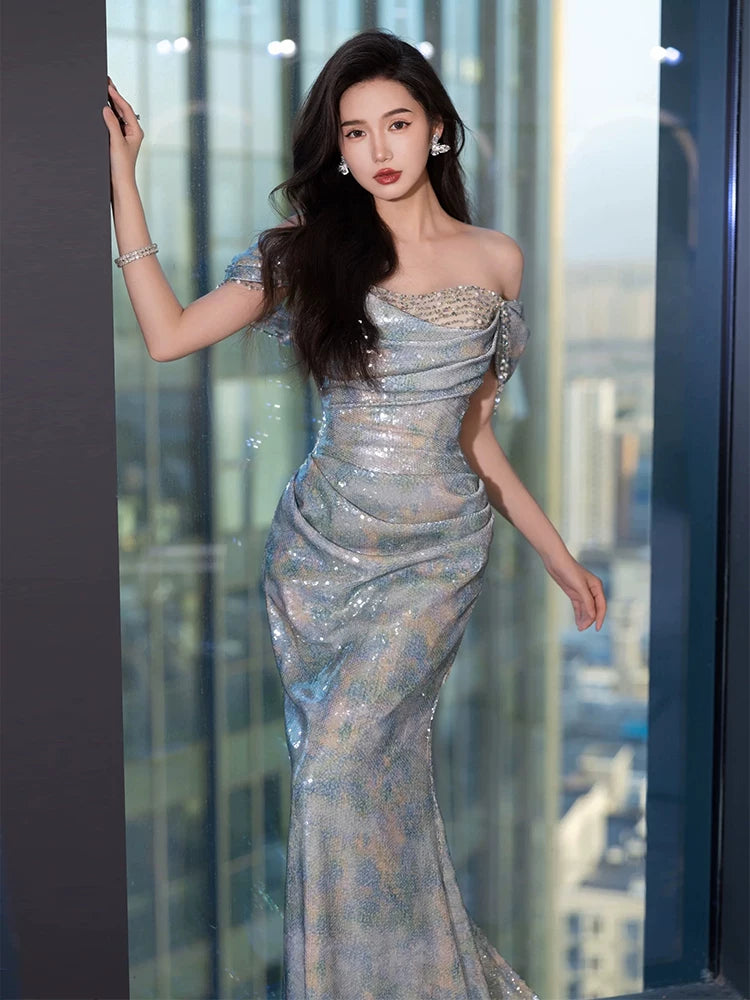 Unique Mermaid Off The Shoulder Blue Prom Dresses Inspiration Long Party Night Gowns 20th Birthday Outfits AB2246