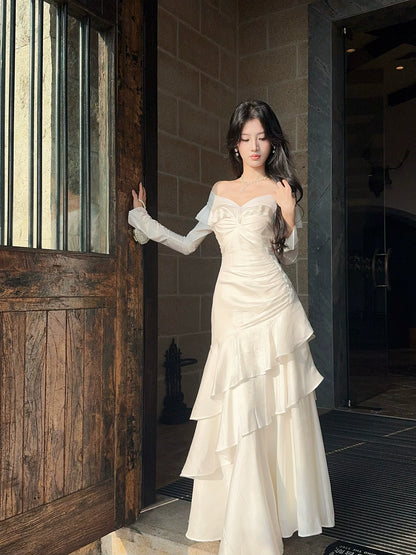 Classy Mermaid Off The Shoulder White With Long Sleeve Floor Length Pleated Prom Dress Graduation 20th Birthday Outfits N099