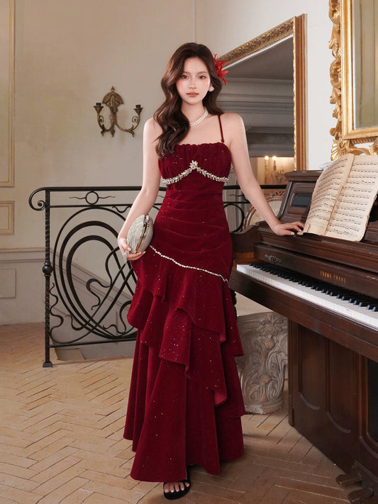 Elegant Mermaid Spaghetti Strap Burgundy Velvet Long Layered Prom Dress Aesthetic Long Graduation Evening Outfits N081