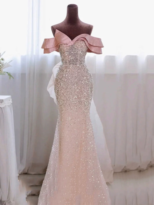 Sparkly Mermaid Evening Dress Off The Shoulder Pink Sequins Prom Dress Long Party Dress 19th Birthday Outfits AB2324