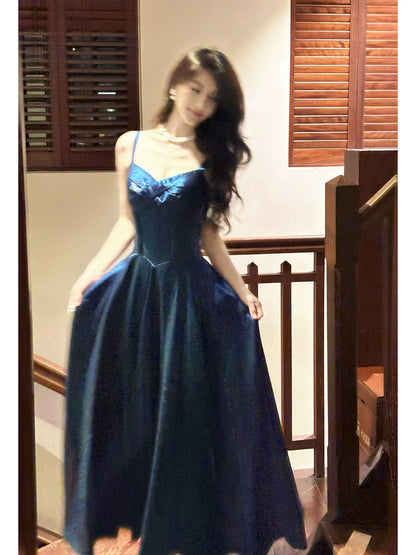 Elegant A Line Spaghetti Strap Royal Blue Ankle Length Pleated Prom Dress Aesthetic Graduation Birthday Outfits N094