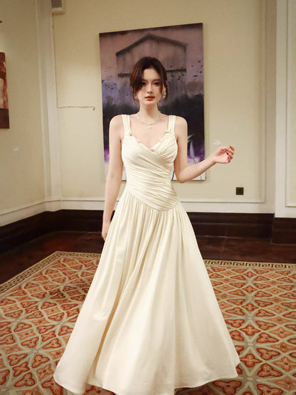 Modest A line Straps Ivory Satin Long Evening Dresses Wedding Guest Dress 20th Birthday Outfits AB2496