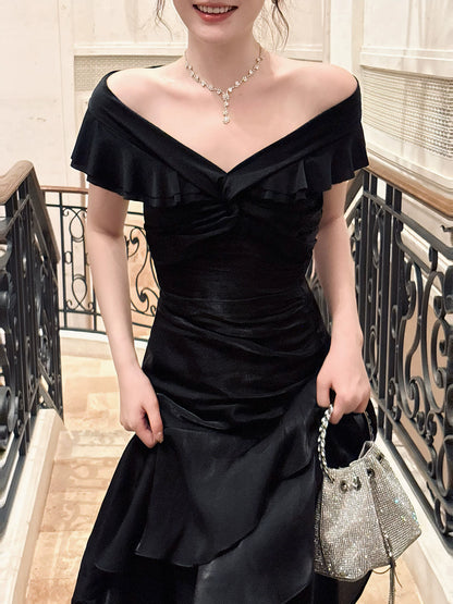 Classy Mermaid Off The Shoulder Black With Short Sleeves Floor Length Pleated Prom Dress Graduation 20th Birthday Outfits N100