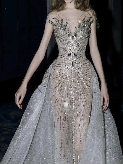 Luxurious Wedding Dresses Mermaid Scoop Neck With Cape Silver Gray Sequins Brides Dress For Brides Fitted Bridal Gowns AB2327