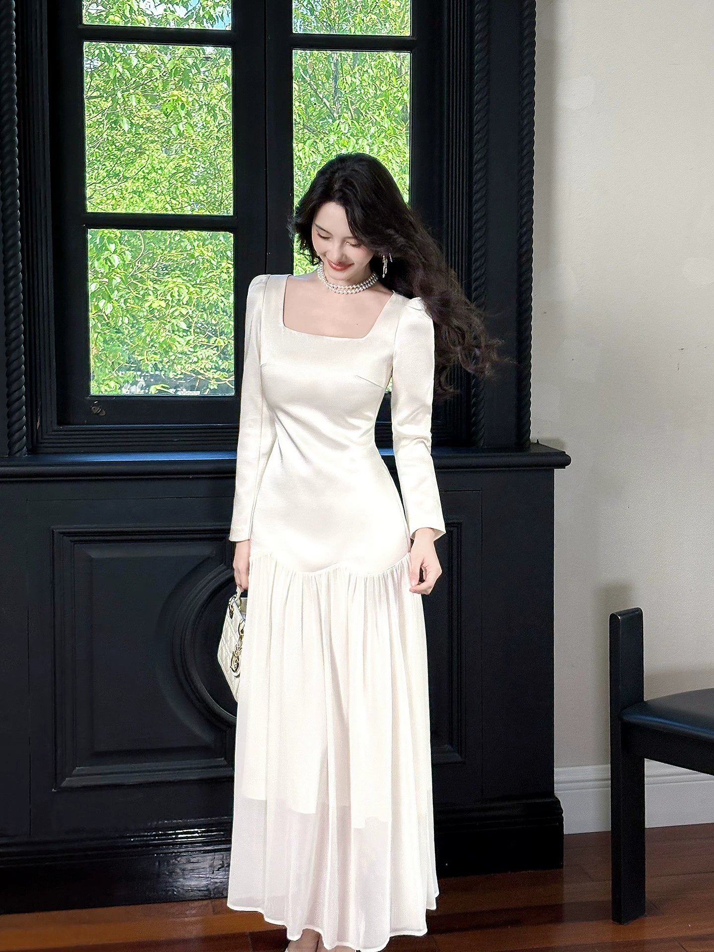 Simple A Line Square Neck Drop Waist White Chiffon Mid Length Prom Dress Aesthetic Graduation Evening Outfits N082