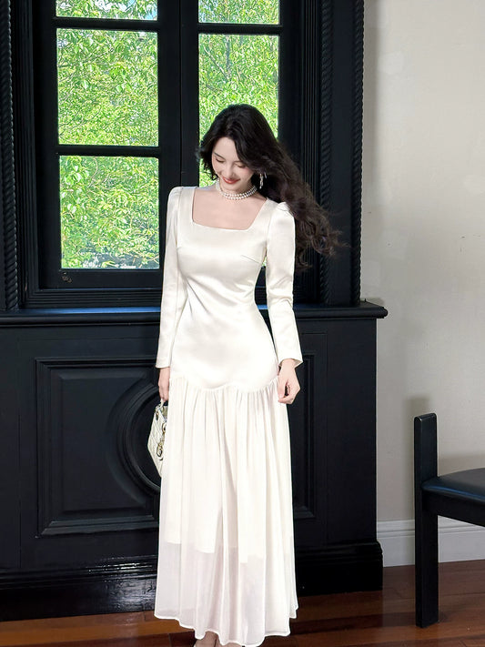 Simple A Line Square Neck Drop Waist White Chiffon Mid Length Prom Dress Aesthetic Graduation Evening Outfits N082