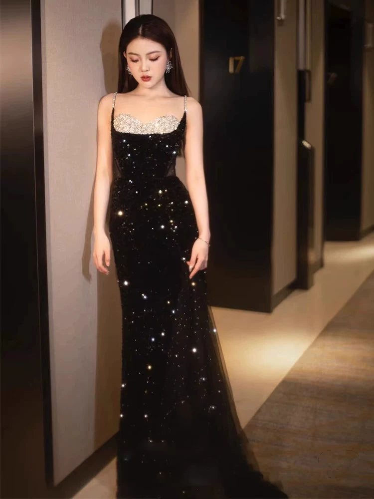 Elegant Mermaid Spaghetti Straps Black Sequin Long Floor Length Prom Dress Inspiration Long Prom Dresses A117