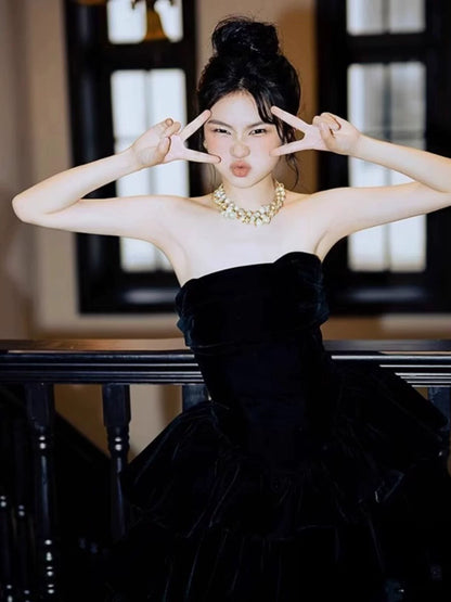 Princess Ball Gown Strapless Black Velvet With Gloves Prom Dresses Inspiration Long Party Night Gowns 18th Birthday Outfits AB2232