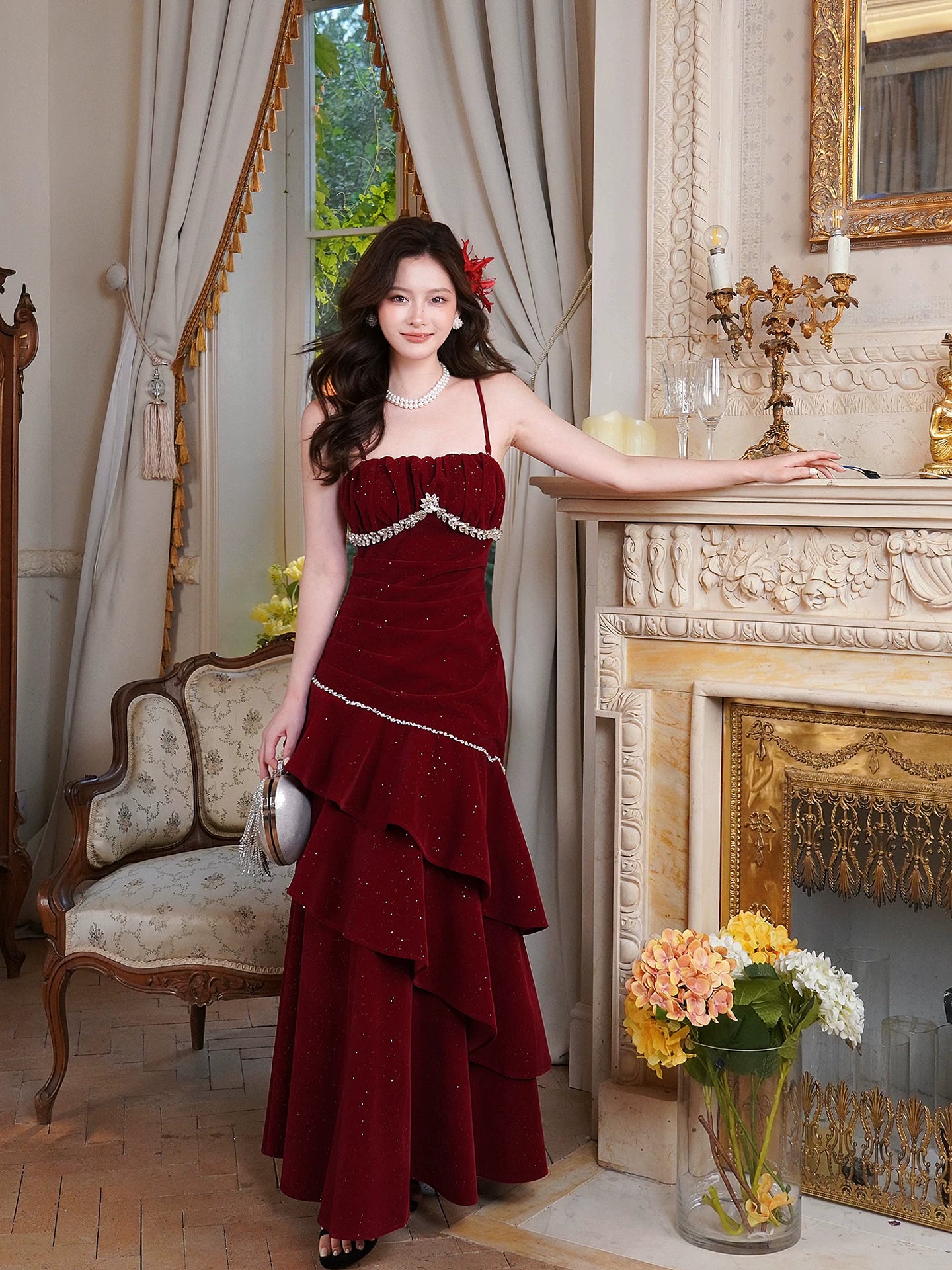 Elegant Mermaid Spaghetti Strap Burgundy Velvet Long Layered Prom Dress Aesthetic Long Graduation Evening Outfits N081