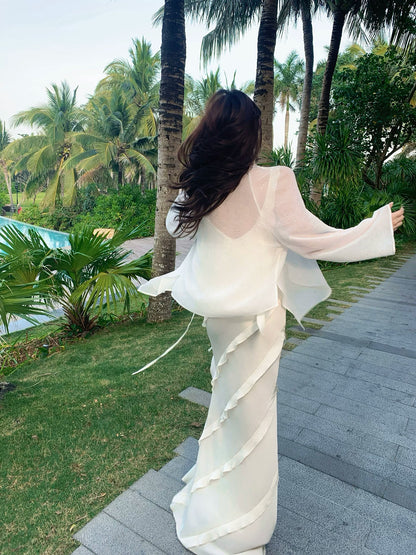 Sexy Mermaid Spaghetti Straps White Chiffon Prom Dresses Wedding Guest Dress 20th Birthday Outfits AB2477