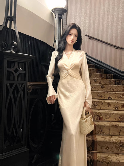 Sexy Mermaid V Neck White Satin Ankle Length Prom Dresses Wedding Guest Dress 22th Birthday Outfits AB2490