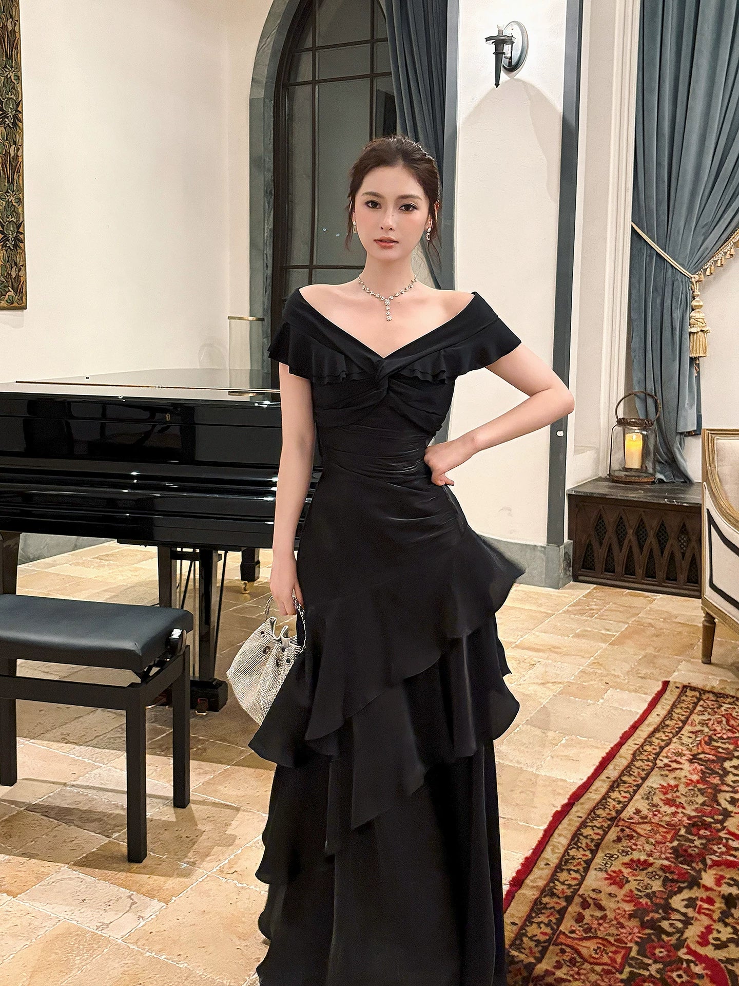 Classy Mermaid Off The Shoulder Black With Short Sleeves Floor Length Pleated Prom Dress Graduation 20th Birthday Outfits N100
