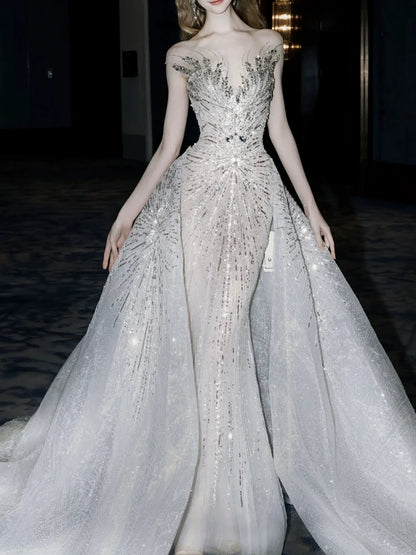 Luxurious Wedding Dresses Mermaid Scoop Neck With Cape Silver Gray Sequins Brides Dress For Brides Fitted Bridal Gowns AB2327