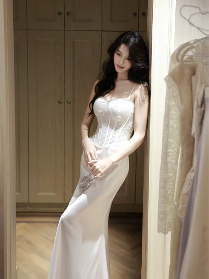 Elegant Mermaid Spaghetti Strap White Satin Long Pleated Prom Dress Aesthetic Graduation Evening Outfits N089