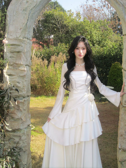 Modest Mermaid Square Neck Ivory Satin Long Sleeves Prom Dresses Wedding Guest Dress 16th Birthday Outfits AB2448