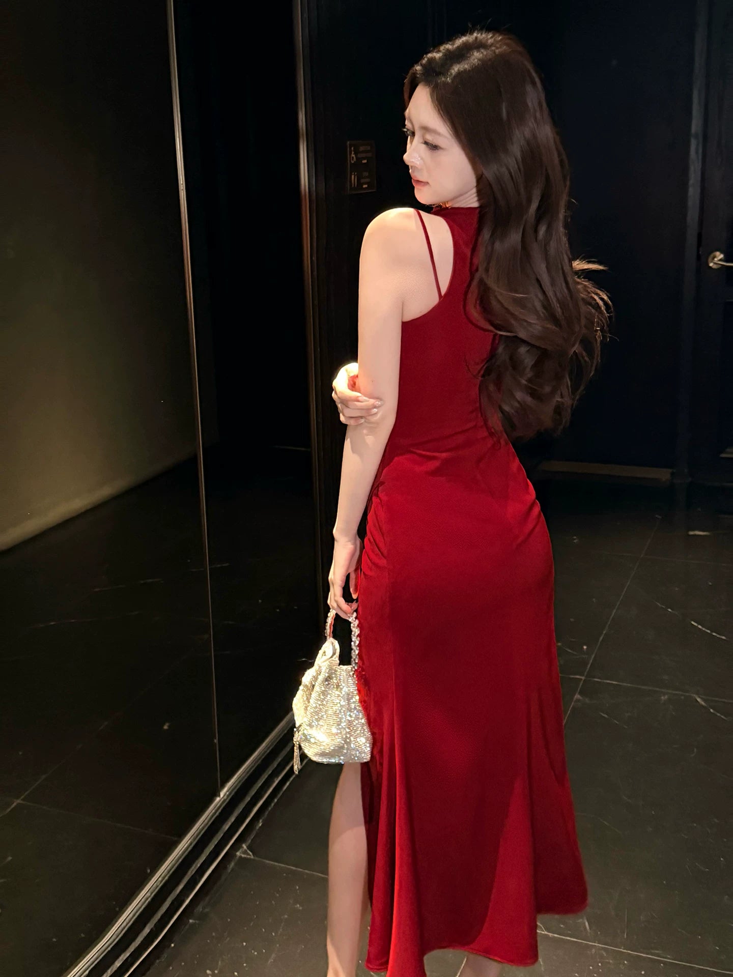 Elegant Sheath Scoop Red Satin Slit Ankle Length Prom Dresses 17th Nigh Party Birthday Outfits AB2461