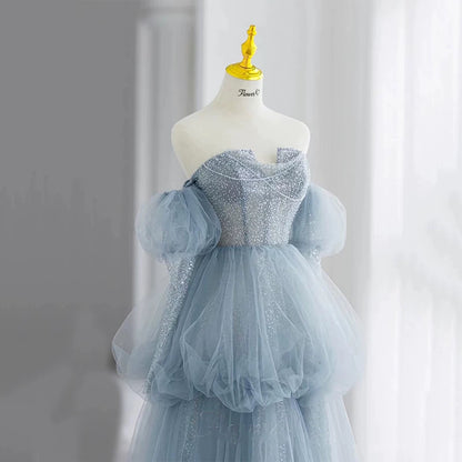Modest Ball Gown Off The Shoulder Dusty Blue Tulle Prom Dresses Inspiration Long Party Night Evening Dress 20th Birthday Outfits AB2331