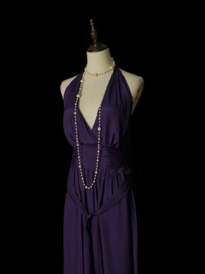 Simple A line Halter V Neck Chiffon Grape Long Prom Dress Ideas With Pleated Formal Party Dress Inspo For Women OB004