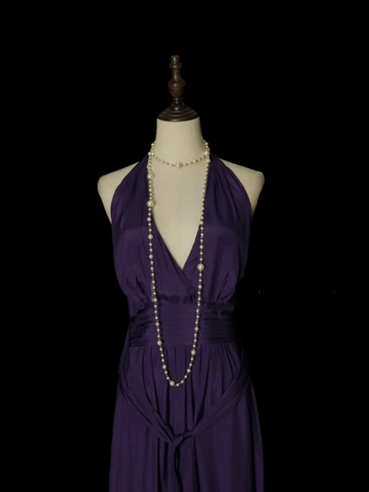 Simple A line Halter V Neck Chiffon Grape Long Prom Dress Ideas With Pleated Formal Party Dress Inspo For Women OB004