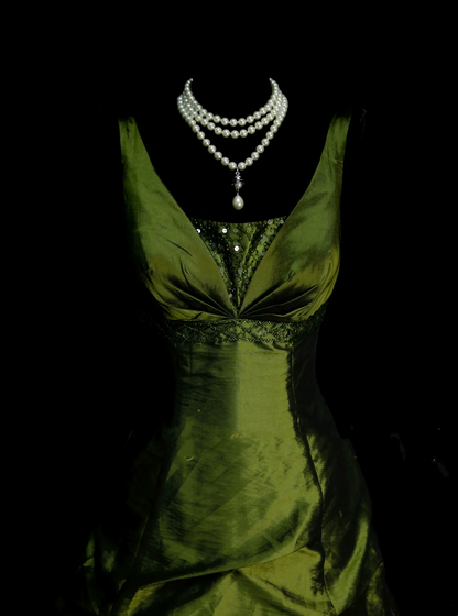 Classy Ball Gown V Neckline Olive Green Taffeta With Beadings Long Prom Dresses Trendy Party Dress For Women OB005