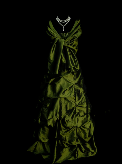 Classy Ball Gown V Neckline Olive Green Taffeta With Beadings Long Prom Dresses Trendy Party Dress For Women OB005