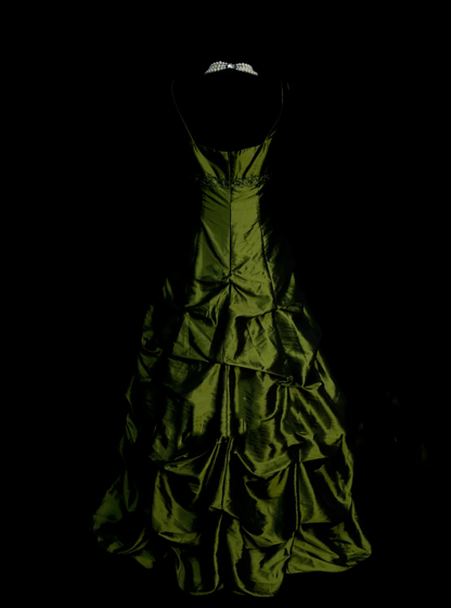 Classy Ball Gown V Neckline Olive Green Taffeta With Beadings Long Prom Dresses Trendy Party Dress For Women OB005