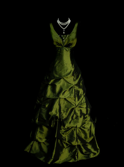 Classy Ball Gown V Neckline Olive Green Taffeta With Beadings Long Prom Dresses Trendy Party Dress For Women OB005