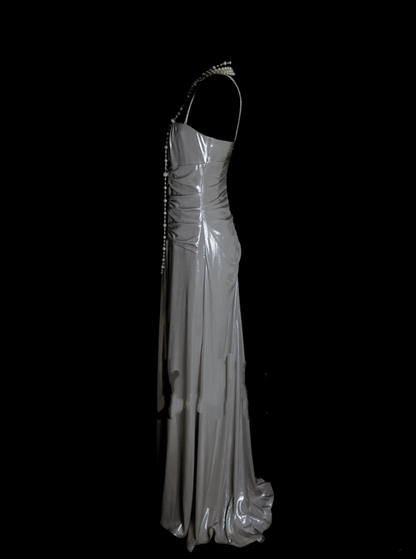 Simple A line Spaghetti Straps Silver Gray Satin Long Prom Dress Ideas With Pleated Formal Party Dress Inspo For Women OB006