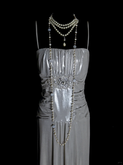Simple A line Spaghetti Straps Silver Gray Satin Long Prom Dress Ideas With Pleated Formal Party Dress Inspo For Women OB006
