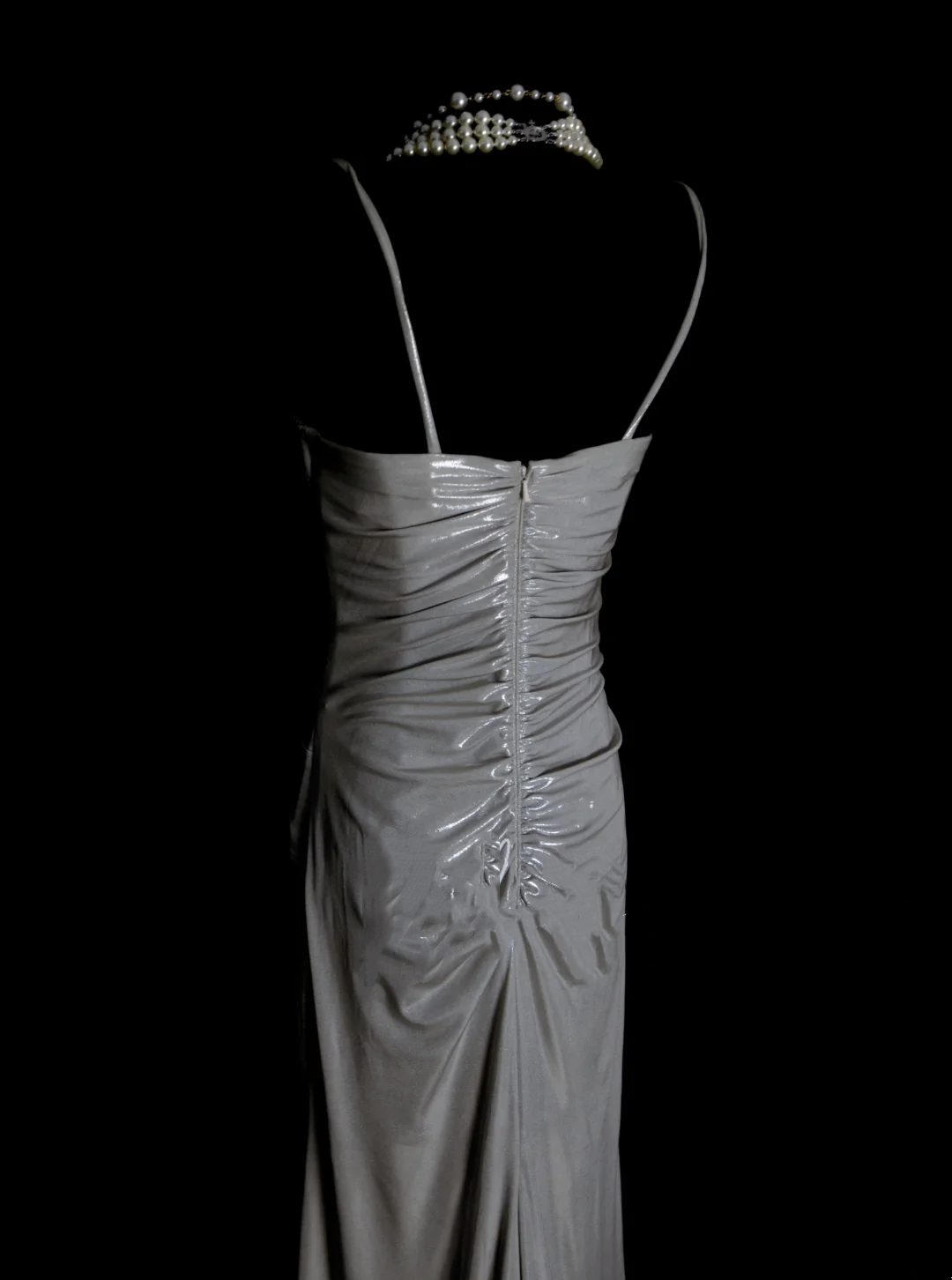 Simple A line Spaghetti Straps Silver Gray Satin Long Prom Dress Ideas With Pleated Formal Party Dress Inspo For Women OB006