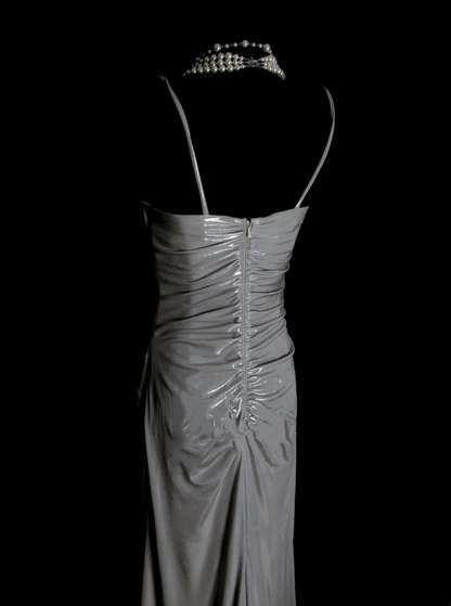 Simple A line Spaghetti Straps Silver Gray Satin Long Prom Dress Ideas With Pleated Formal Party Dress Inspo For Women OB006