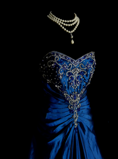 Classy Ball Gown Sweetheart Royal Blue Taffeta With Gold Beadings Long Prom Dresses Trendy Party Dress For Women OB007