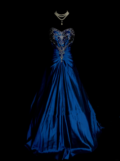Classy Ball Gown Sweetheart Royal Blue Taffeta With Gold Beadings Long Prom Dresses Trendy Party Dress For Women OB007