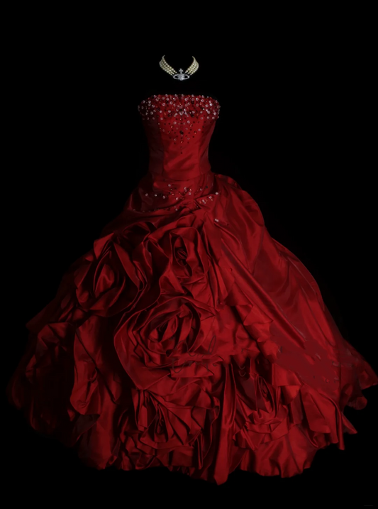 Unique Ball Gown Strapless Burgundy Wine Red Satin With Multi Layered Long Quinceanera Dresses Sweet 15 16 Birthday Gown OB010