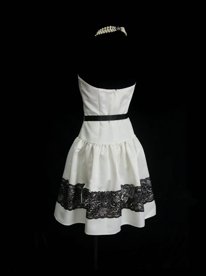 Cute Ball Gown Strapless White Satin With Black Lace Short 18th Birthday Dress Homecoming Dresses Cocktail Gown OB016