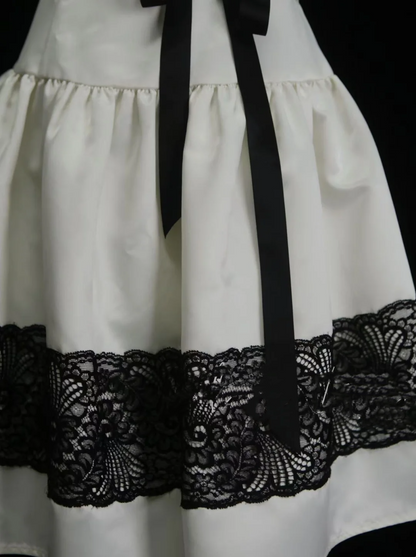 Cute Ball Gown Strapless White Satin With Black Lace Short 18th Birthday Dress Homecoming Dresses Cocktail Gown OB016